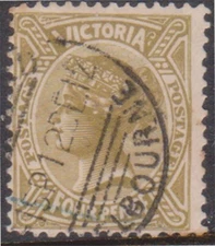 (F282-105) 1880 AU Victoria VIC 4d yellow QVIC stamp (DE) 