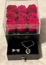 Preserved Red Roses in a Box with Necklace Earrings 100 Real Red Roses -Gift