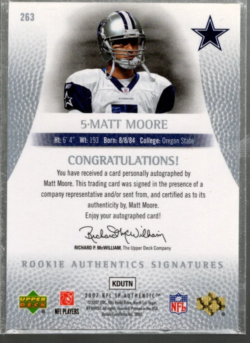B0364- 2007 SP Authentic #263 Matt Moore RC Auto /399 - NM-MT - Image 2 of 2