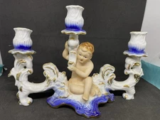 ARPO 3candle candelabra baroque white blue cherubs Romania Vtg