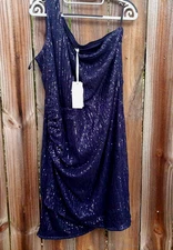 Grace One Shoulder Sequin Evening  Dress Ruched Waist  Navy Blue 2X  NWT