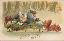 New Year - Santa Claus in White Robe & Elves in Sleigh Pulled by Squirrels