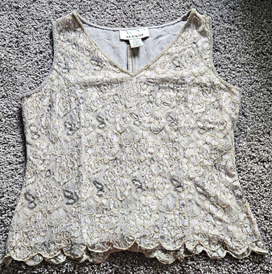 Alfani Women's Gray Floral V-Neck Sleeveless Lace Beaded Sequin Zip Tank S
