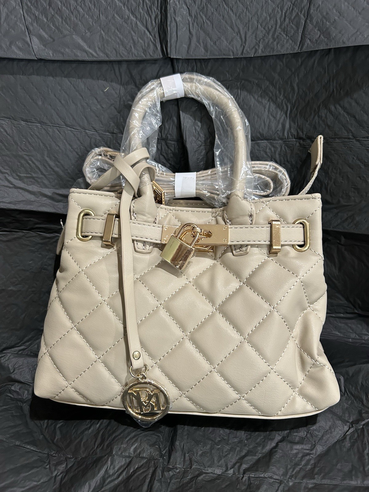 Badgley Mischka Diamond Quilted Mini Tote Crossbody Bag Beige NWT