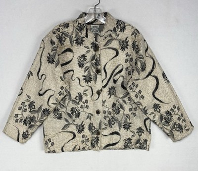 Sugar Street Weavers Jacket Floral Ribbon Tapestry Women s Medium Beige Pockets