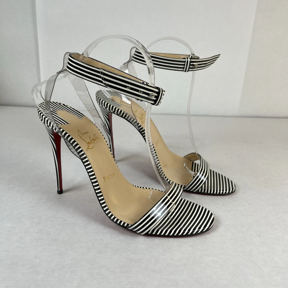 Christian Louboutin Jonatina 100 黑色白色条纹专利凉鞋高跟鞋 40 码 — 第 2/4 张图片