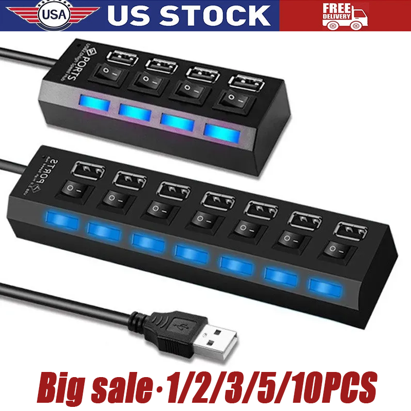 USB Hub 7 Port On/Off Switch High Speed Splitter AC Adapter Cable PC Laptop Lot