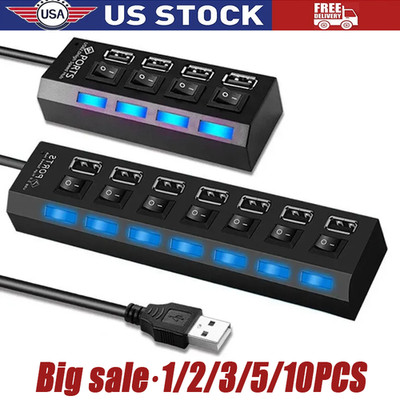 USB Hub 7 Port On/Off Switch High Speed Splitter AC Adapter Cable PC Laptop Lot