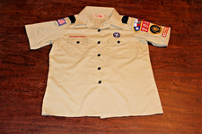 Boy Scouts of America BSA Women's Shirt Tan Large 14-16 Sewn Patches Short Sleev