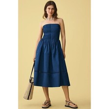 New Anthropologie Cotton Poplin Strapless Midi Dress $168 X-LARGE Navy Smocked