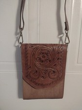 Vintage Genuine Tooled Leather Hand Crafted Crossbody Satchel Bag Slip In Purse