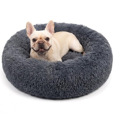 Calming Donut Dog Bed 30in Medium up to 45 lb NonSlip Faux Fur Raised Rim Gray