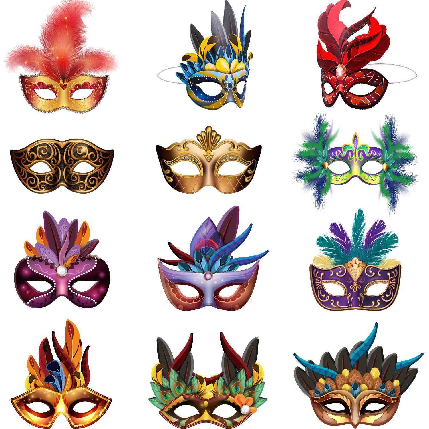24 Pcs Mardi Gras Masks Carnival Parade Faux Feather Face Waterproof ...
