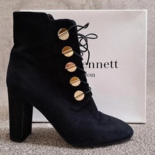 LK Bennett Ankle Boots Yolanda Black 41 UK 8 Suede Leather 4" Heel Gold Detail