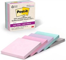 LOT OF 6 Post-it 100 Recycled Paper Super Sticky Notes, 3x3 in, 5 Pads, 70 She