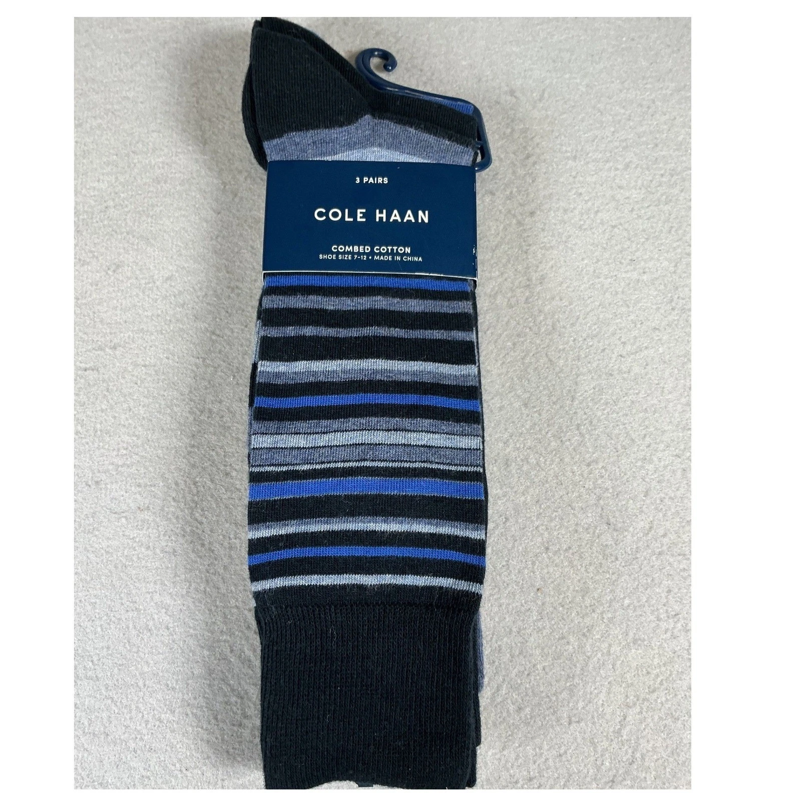 Cole Haan Mens 3 Pack Combed Cotton Striped Crew Socks Blue Black Grey Size 7-12
