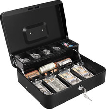 Large Cash Box with Money Tray and Lock, Metal Money Box for Cash, Lockbox 11.8