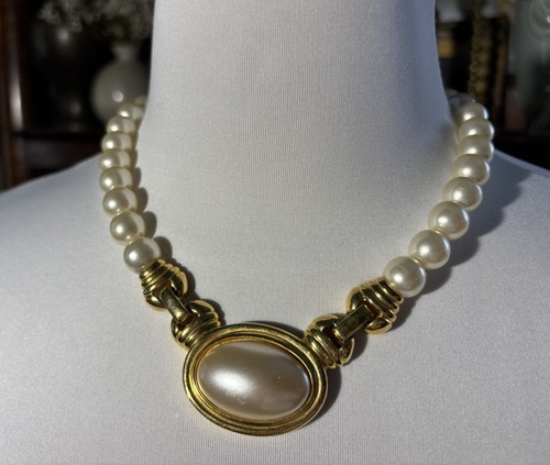 Vintage Napier Gold Tone Faux Pearl Choker Necklace Signed Pat Pet