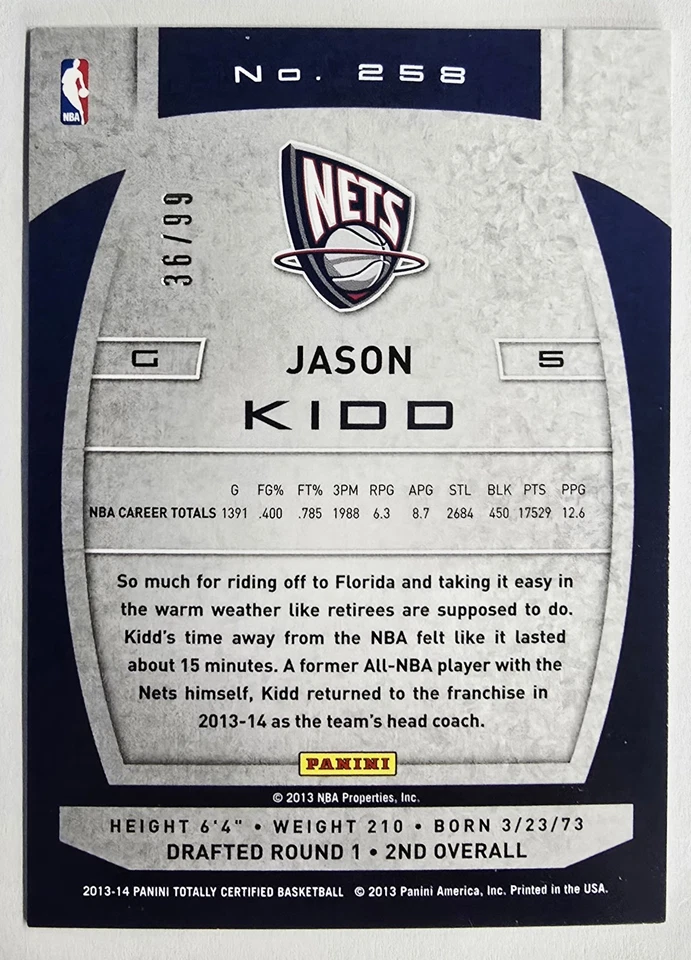 JASON KIDD 2013-2014 PANINI TOTALLY CERTIFIED #258 MIRROR RED /99  NETS 🔴✨️ - Image 2 of 2