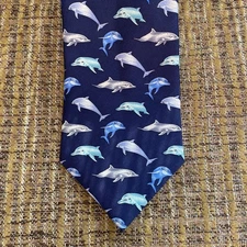 Made in USA Blue 100% Silk Tie Necktie Mens Blue DOLPHIN Print Custom Shop 59"