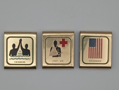 vintage 1970's boy scout metal belt loop merit badges set of 3