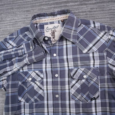 Coastal Shirt Men Western Pear Snap Plaid Long Sleeve Blue White 2 Pockets Small