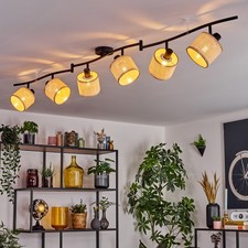 Verstellbare Deckenlampe im Retro Stil, Metall & Papiergeflecht in Schwarz/Beige