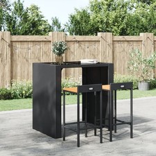 Image of 2x Bar Stools Black Poly Rattan with Acacia Wood Legs Set