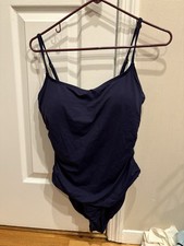 Anne Cole Navy Blue One Piece Swimsuit L Adjustable Spaghetti Strap Logo