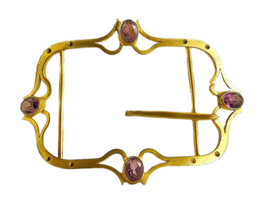 Antike Jugendstil Gürtelschnalle in Messing und Amethyst Paste Glas