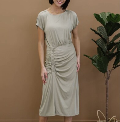 Doe & Rae Romance Language Ruched Sage Green Midi Dress | eBay
