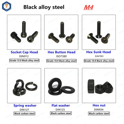 M4 Black Allen Hex Socket Cap Head,Button Head,Sunk Head Screws Bolt, Washer Nut