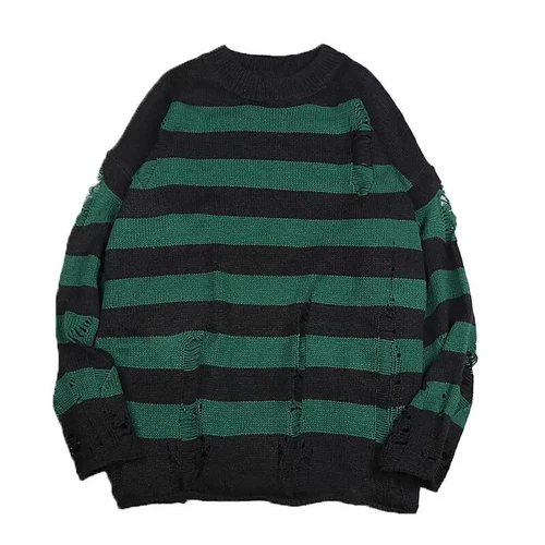 Maglioni a righe neri distrutti strappati maglione uomo pullover maglia foro maglioni - Foto 3 di 21