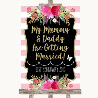 Personalisiertes Hochzeitsschild Gold & Rosa Streifen Mama Papa heiraten