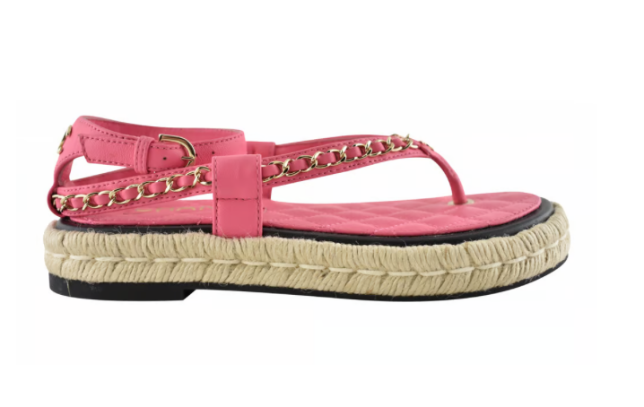 Chanel 21C Pink Lambskin Leather Chain Logo Mule Thong Espadrille