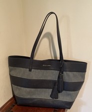 Michael Kors Navy Trimmed Striped Canvas Washed Denim Large Tote