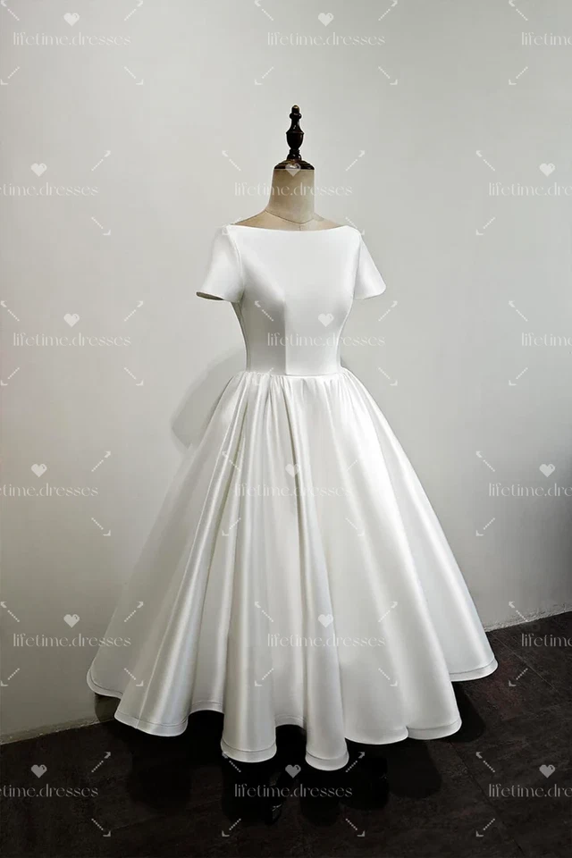 Short Wedding DresseSatin White Ivory Lace up Vintage Short Sleeves Bridal Gown - Image 3 of 4