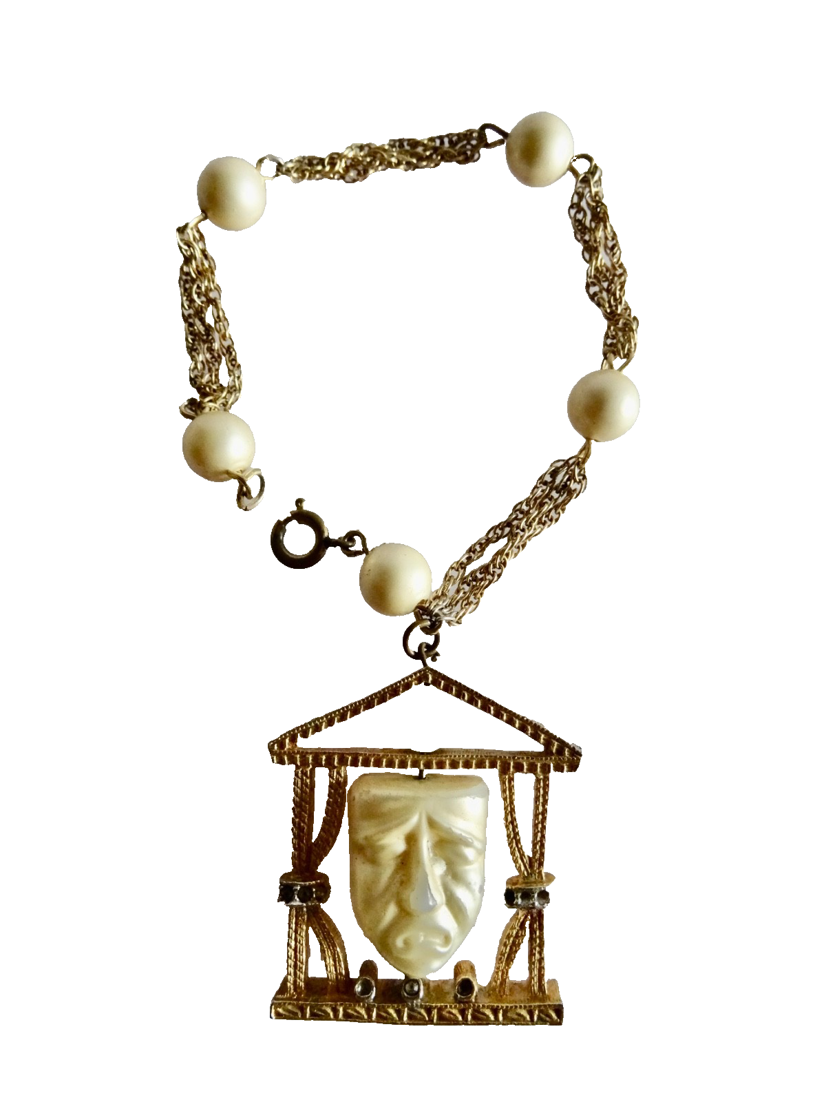 Vintage Thespian Mask Pendant Charm Bracelet Spinner with Faux Pearl and Gold Accents by Neocurio-image