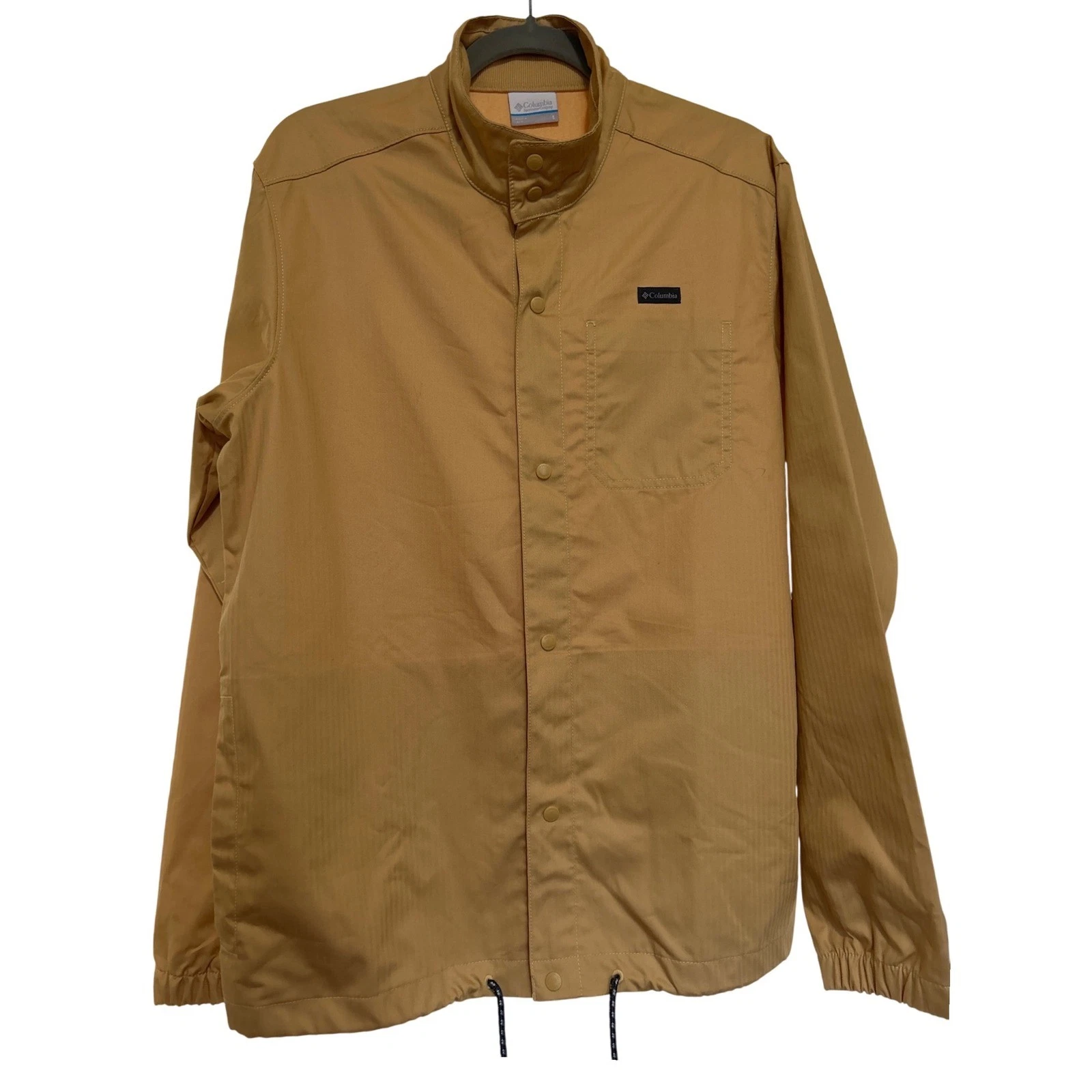 Columbia Snap Front Jacket Herringbone Men Small Tan Lightweight Windbreaker