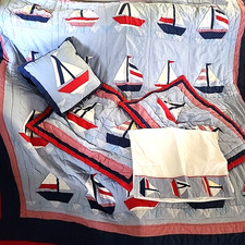 Vtg Full Queen Sailboat QUILT SET Nautical Cotton Beachy Bed Pillow Sham Blue