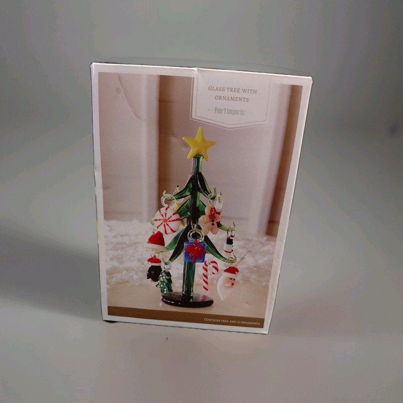 Pier One Mini Glass Christmas Tree w/  Ornaments Tabletop Decor