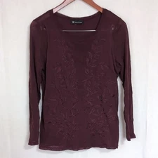 INC Burgundy Chiffon Layered Leaf Print Sheer Sleeve Blouse Size Medium