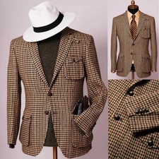 Classic Men Check Suit Retro Single Breasted Jacket Business Modern Casual