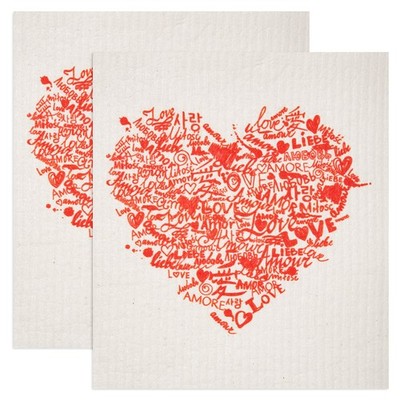 Swedish Dishcloths 2 Pack Red Langusges Of Love Heart Print Reusable Sponges Kit