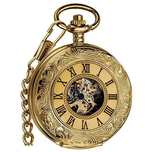 Vintage Hand Wind Up Pocket Watches for Men, Mechanical Pocket Watch with Gold
