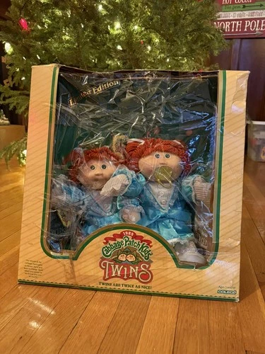 Vintage 1985 Cabbage Patch Kids Twins Girls Red Hair Blue Eyes Lace Dress