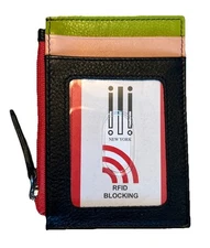 ILI Genuine Leather Zip ID Card Case With RFID In Peach Multi