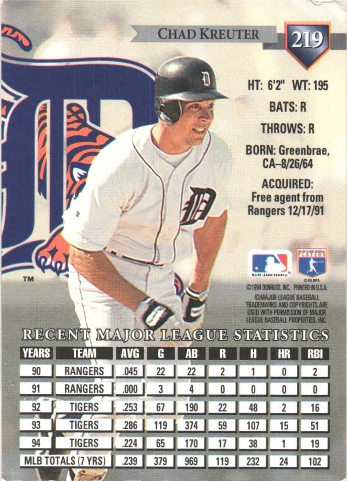 1995 Donruss #219 Chad Kreuter Detroit Tigers - Image 2 of 2