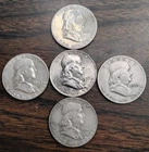 Lot of 5 Silver Benjamin Franklin Half Dollars 90% fine Silver