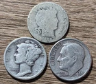 1902, 1943, & 1960-D Barber, Mercury & Roosevelt Silver Dimes (3 Silver Coins)